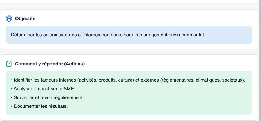Détail d’un contrôle ISO 14001 avec objectifs, actions et conseils d’implémentation