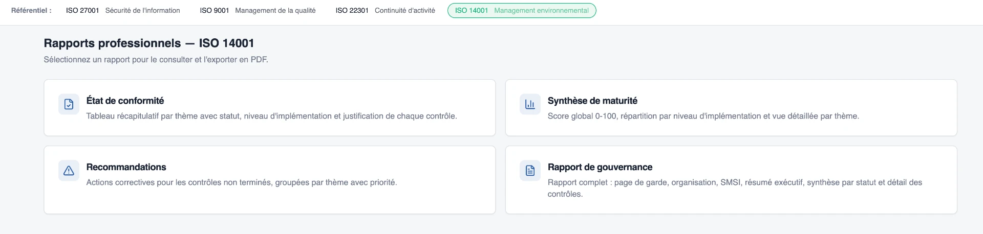 Catalogue des rapports professionnels ISO 14001 disponibles à l’export PDF